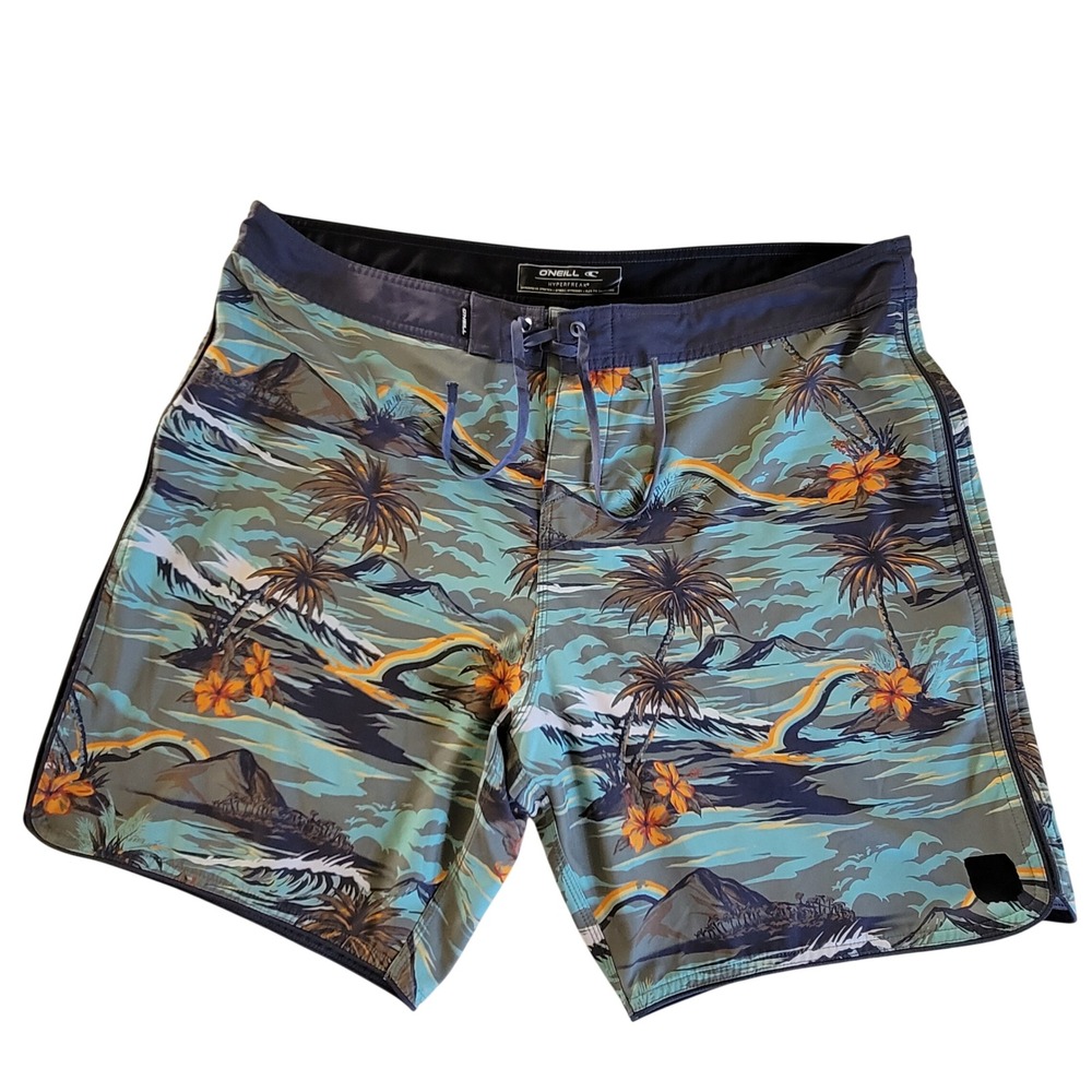 O'Neill Hyperfreak Board Shorts Mens‎ 40 Teal Tropical Island Stretch Hyperdry
